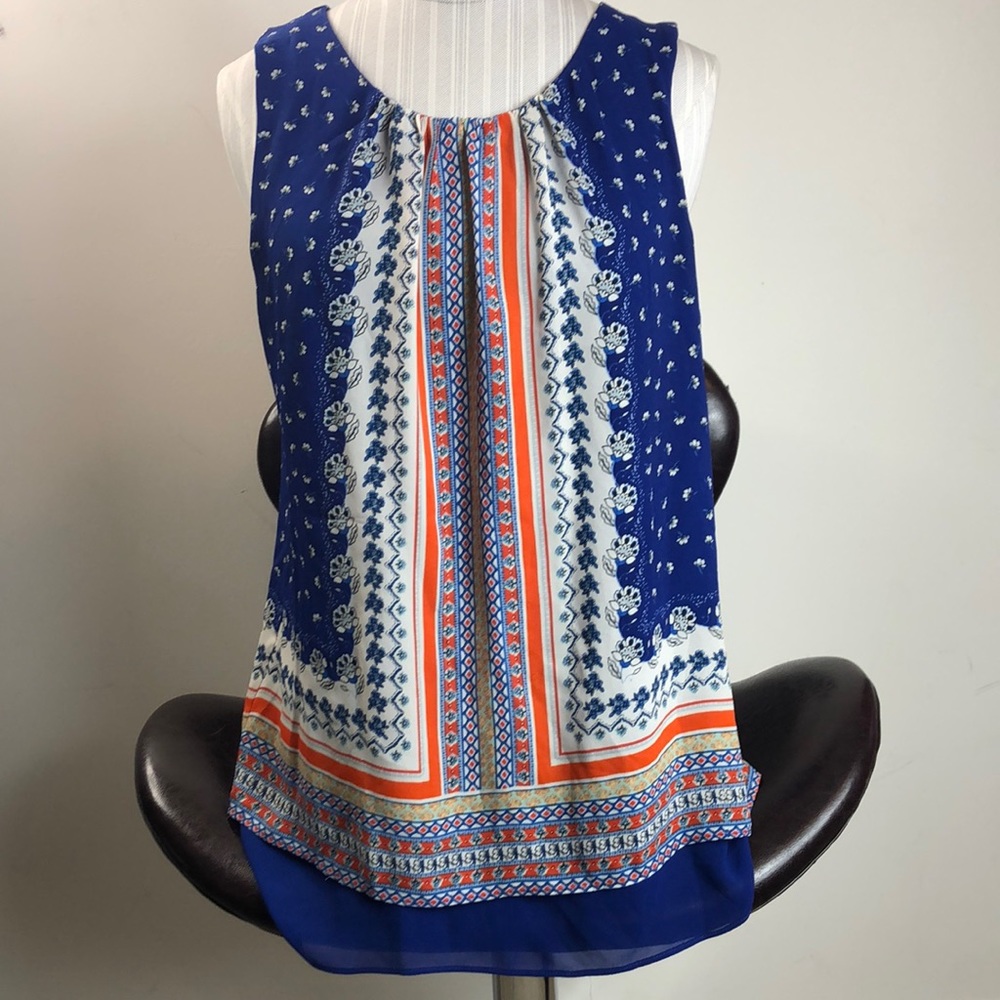 Womens Rose & Olive blouse blue floral sleeveless medium